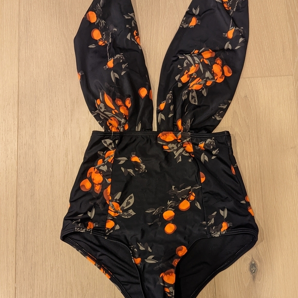 Black and Orange Floral Swimsuit - Picture 8 of 9